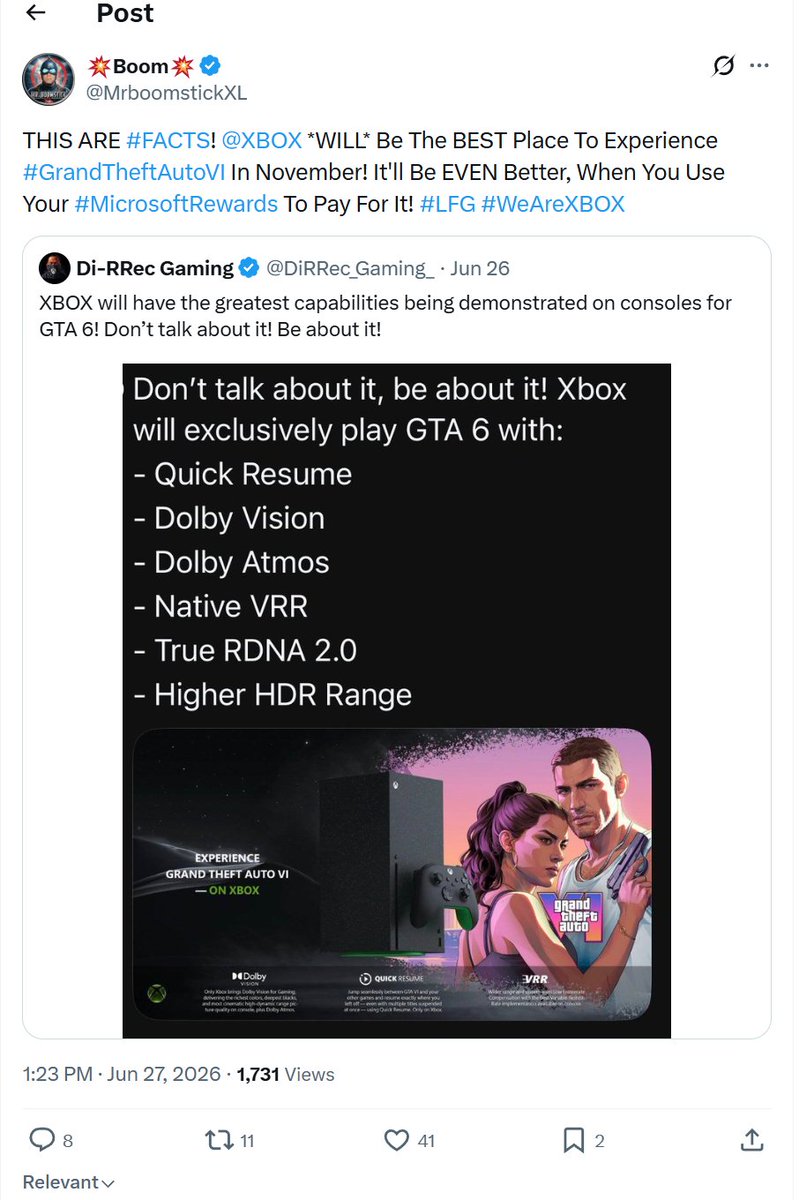 Argo4017's tweet photo. Boomstick is coping as he lists features the Xbox version will have without mentioning that the PS5 version has the same features, or in some cases, better implementations of the same features. Aka..Quick Resume has nothing to do with GTA 6 and does not affect the game in any way, unlike PS5's ultra-fast SSD, which does affect gameplay by shortening load times to near-zero. Also, the PS5 version not only has Dolby Atmos support but also Tempest audio support, bringing a full "3D" high-resolution 24-bit studio-quality experience to headphones. 

PS5 remains the best place to play GTA 6.
