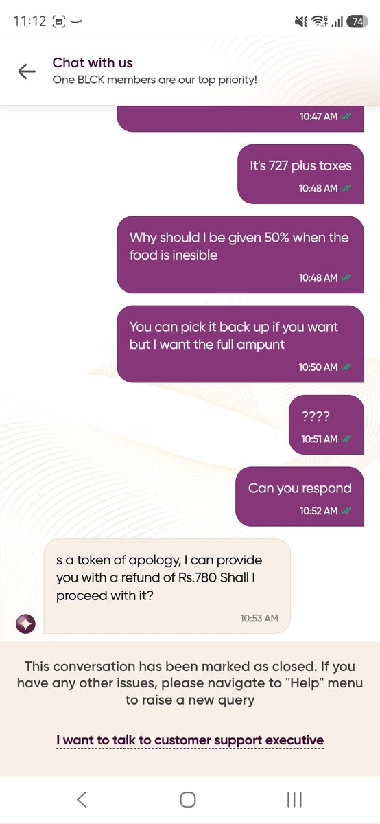 highheelswaali's tweet photo. And then, even more push back and a complete refund of 780 (which I calculated for her). The timeline of this is 10.45 to 10.53. So these are not exceptions which need approval, these are part of a manual and with clear escalation points and actions. https://t.co/IBedU7XcnS