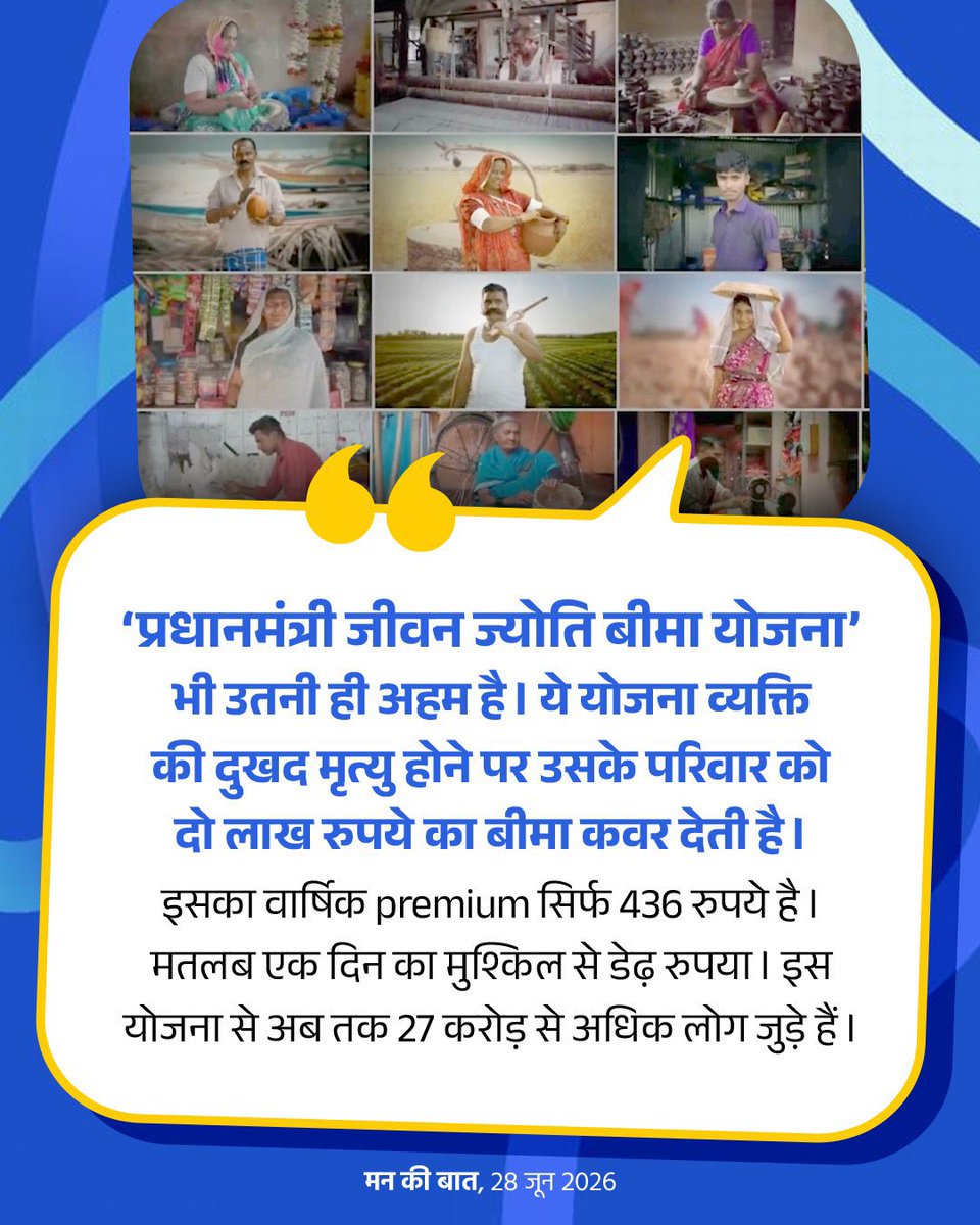 ivishalthacker's tweet photo. सरकार देश के करोड़ों परिवारों तक सुरक्षा का कवच पहुंचा रही है।

'प्रधानमंत्री सुरक्षा बीमा योजना' के तहत केवल 20 रुपये के सालाना premium यानि, केवल एक साल के 20 रुपये का premium, उस पर दो लाख रुपये तक का 'दुर्घटना बीमा' मिलता है। अब तक इस योजना से 58 करोड़ से अधिक लोग जुड़ चुके हैं।

'प्रधानमंत्री जीवन ज्योति बीमा योजना' भी उतनी ही अहम है। ये योजना व्यक्ति की दुखद मृत्यु होने पर उसके परिवार को दो लाख रुपये का बीमा कवर देती है।

इसका वार्षिक premium सिर्फ 436 रुपये है। मतलब एक दिन का मुश्किल से डेढ़ रुपया। इस योजना से अब तक 27 करोड़ से अधिक लोग जुड़े हैं।

#MannKiBaat