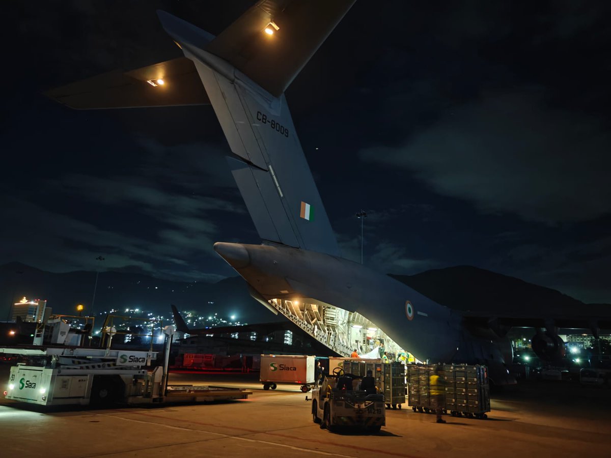 sidhant's tweet photo. Pictures of Indian relief arriving in Quake hit Venezuela. India sent relief on 2 military planes, including ambulances. https://t.co/Qe8wmAP3hZ