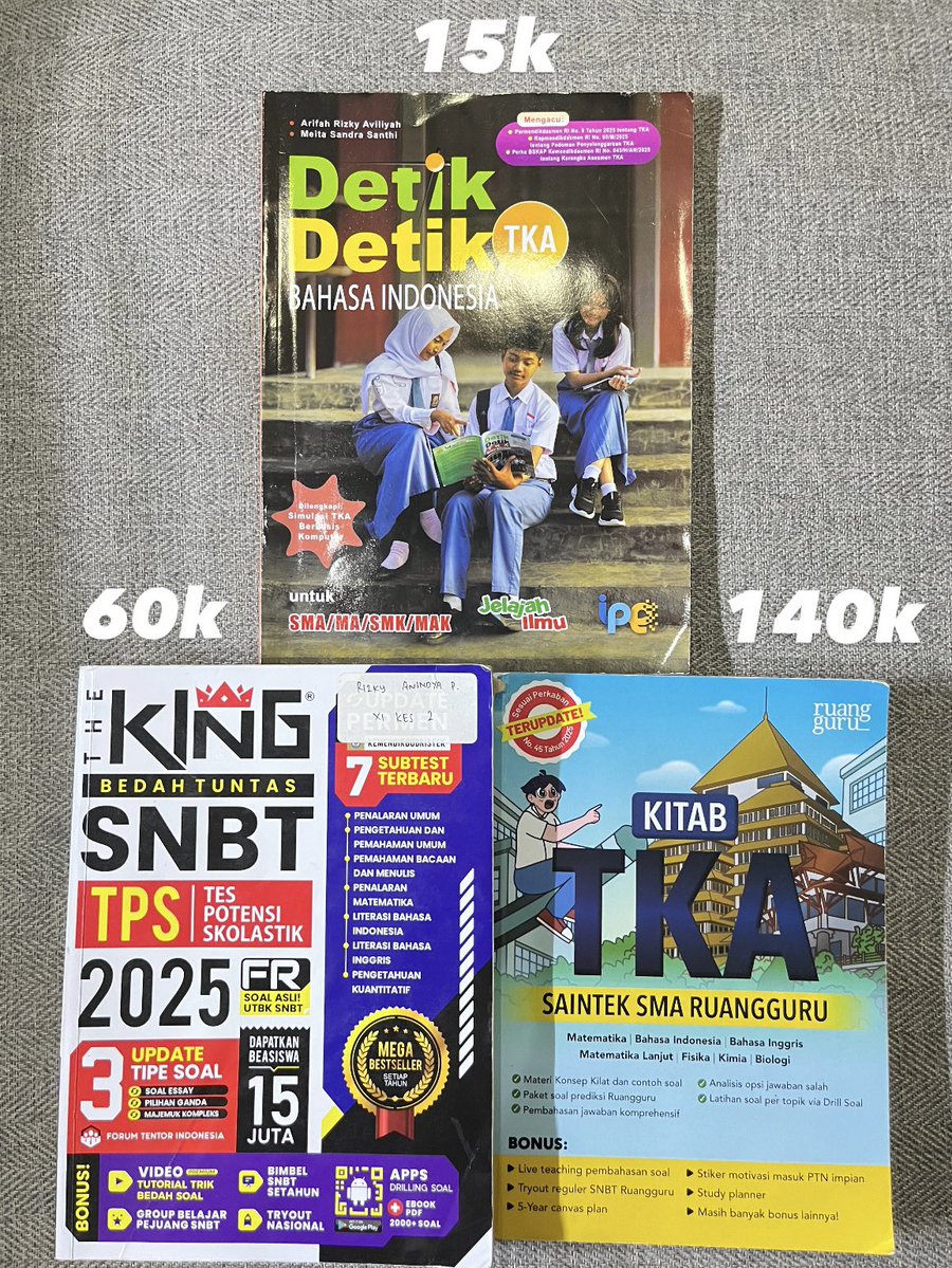 lovaneenn's tweet photo. WTS || want to sell

Tryout Ruangguru, preloved Buku UTBK SNBT The King 2025 &amp; Wangsit 2026, Kitab TКА Saintek &amp; Bank Aktivitas Ruangguru

• good condition, detail bisa dm
• bisa via 🍊 , inc packing

#studytwt #zonauang #wts #wtb #tka #snbt #pejuangptn https://t.co/flDRR3QoJ1