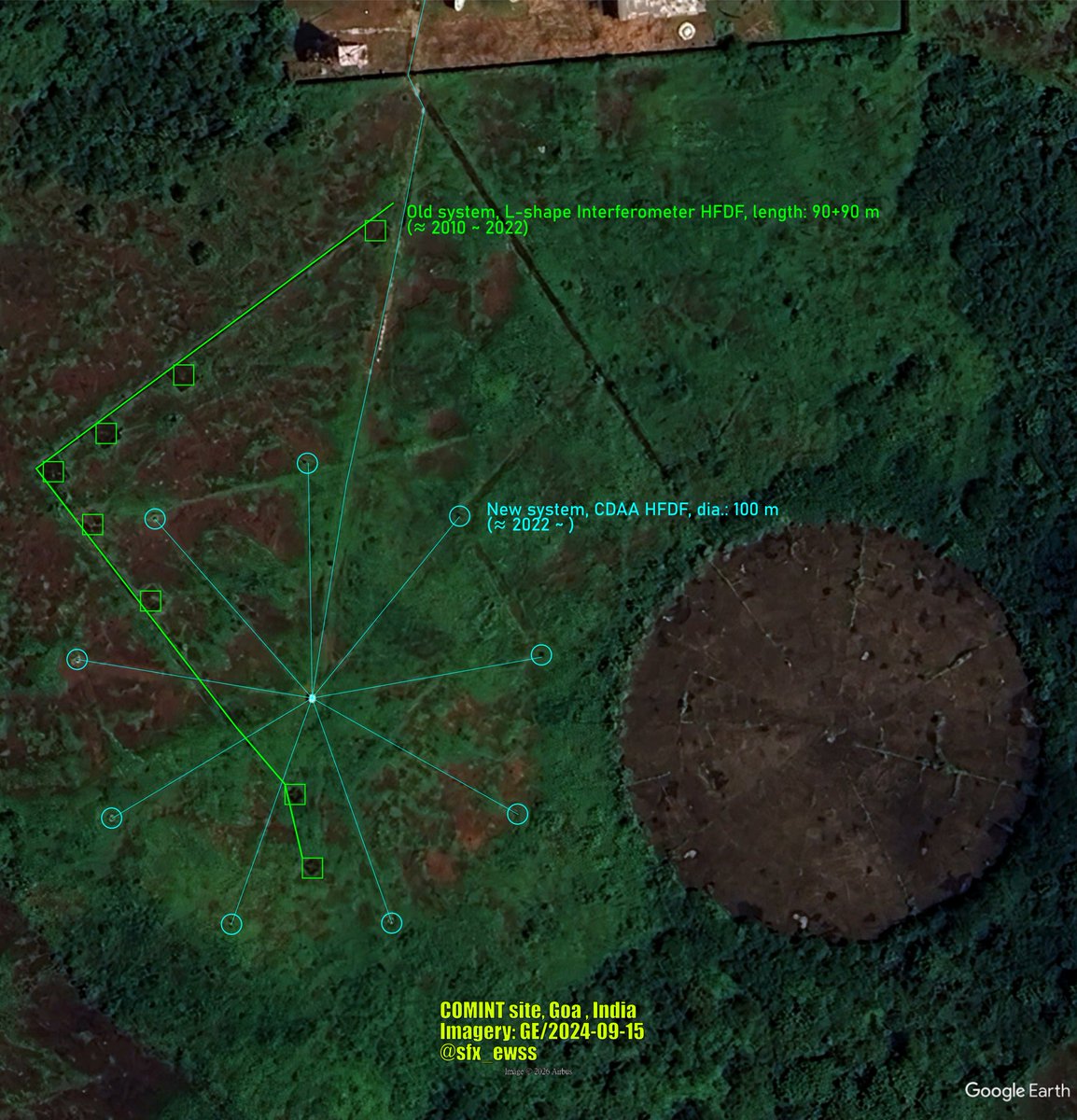 sfx_ewss's tweet photo. Indian #COMINT site in Goa. This imagery (GE: 2024-09-15) shows a new installation of a #CDAA HFDF antenna array, with the traces of the old L-shape Interferometer array still clearly visible.
#SIGINT #EW https://t.co/8L7AAeoM6E