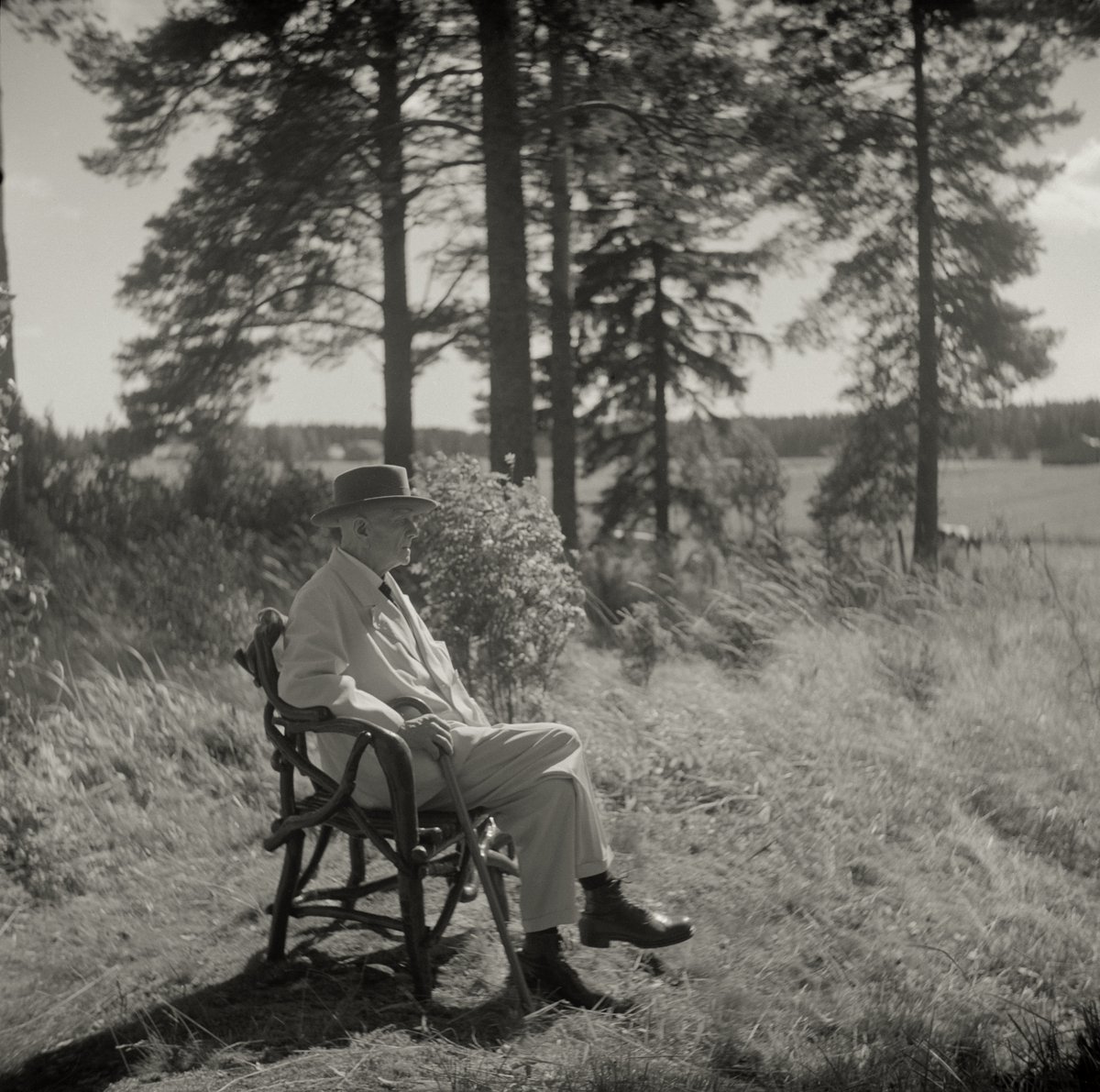 _Henk_Heijmans's tweet photo. Jean Sibelius (Finnish, 1865 - 1957) in his tree root chair in the border area of the Ainola grounds, Järvenpää, Finland, ca. 1940 - by Santeri Levas (1899 - 1987), Finnish https://t.co/UKR4t4tXlc