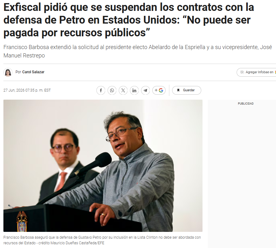 TorresJonatham's tweet photo. 🗳️ Exfiscal Barbosa pide a @ABDELAESPRIELLA cortar plata pública pa'l abogado de Petro en USA. ¿Será? El 7 de agosto se pone bueno. 🍿 
 
#PolíticaColombia #Petro #ListaClinton #AbelardoDeLaEspriella https://t.co/iqwQ4oN4pf