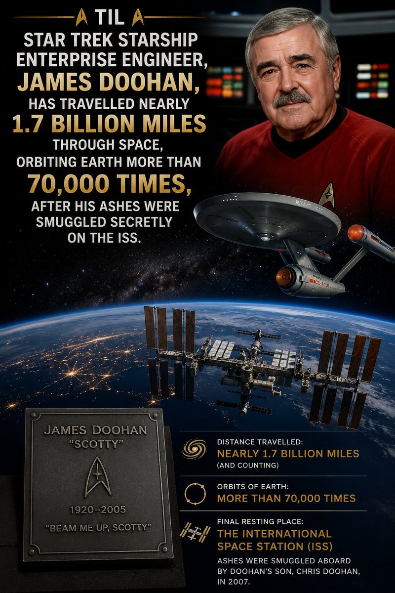 Ledinhkinh85's tweet photo. TIL Star Trek Starship Enterprise engineer, James Doohan, has travelled nearly 1.7 billion miles through space, orbiting Earth more than 70,000 times, after his ashes were smuggled secretly on the ISS. https://t.co/ZUpRbuLDeK