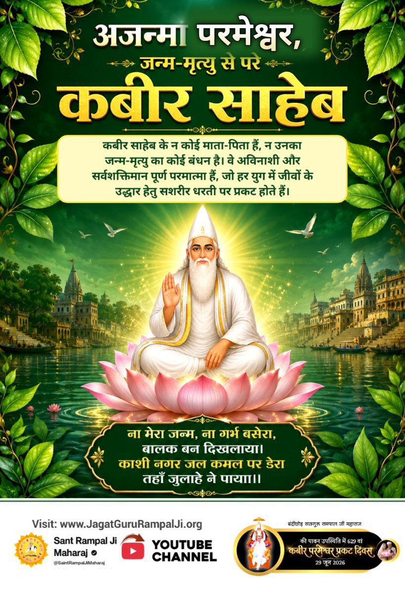 miss_rinki1's tweet photo. #न_जन्म_हुआ_न_मरा_कबीरा
अजन्मा परमेश्वर 
जन्म मृत्यु से परे कबीर साहेब 
कबीर साहेब के न कोई माता-पिता हैं,न उनका जन्म-मृत्यु का कोई बंधन है।वे अविनाशी और सर्वशक्तिमान पूर्ण परमात्मा हैं,जो हर युग में जीवों के उद्धार हेतु सशरीर धरती पर प्रकट होते हैं।
#GodMorningSunday https://t.co/bDdc2kK6uJ