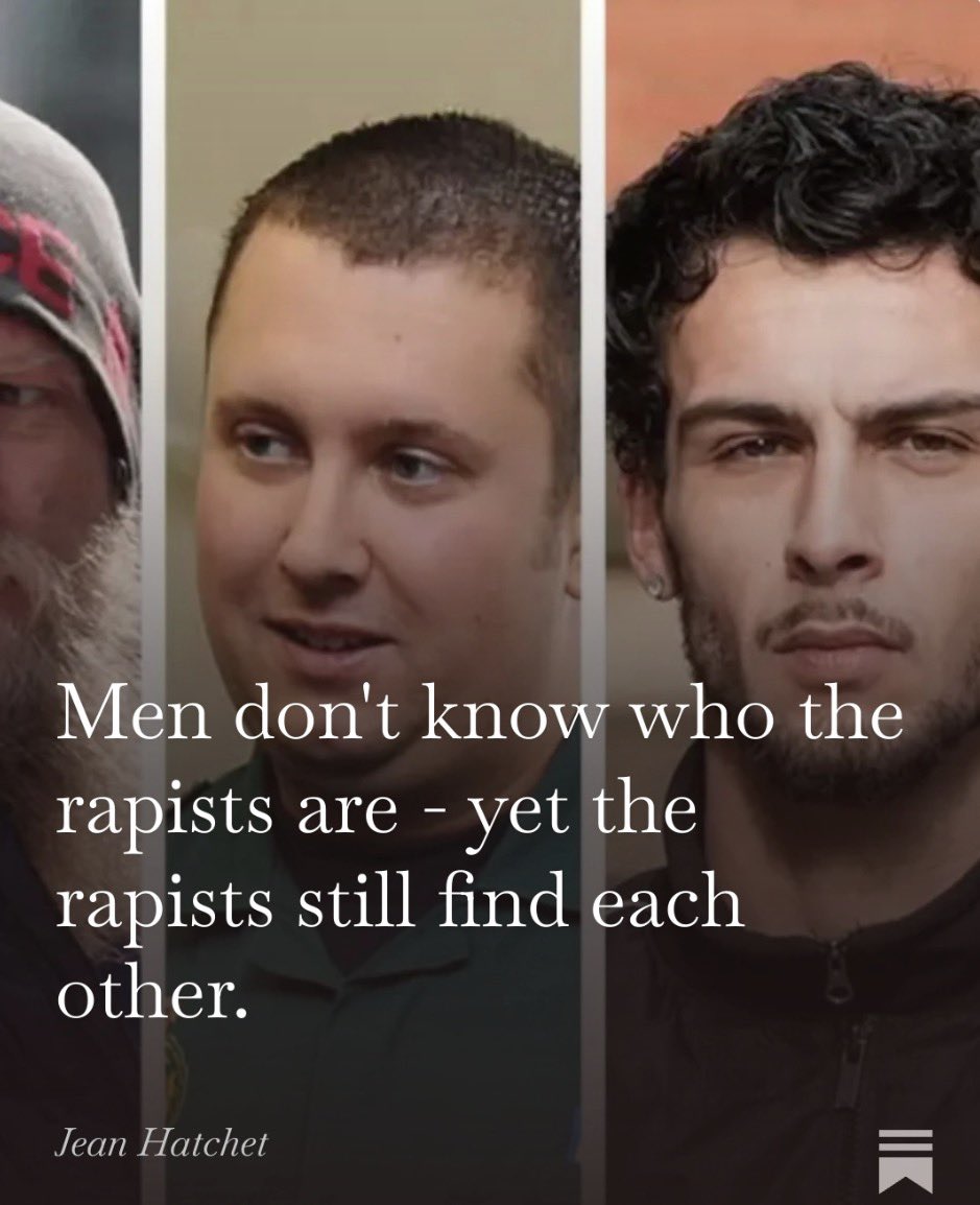 JeanHatchet's tweet photo. Men have to be able to face what the men around them are doing to women rather than shout “not all men”  - because that does nothing to stop “some of the men”. 

The 14 men accused of raping one woman at her husband’s invitation. Lots of different kinds of men. Just like the men you will walk past today. 

Link to article in reply 👇🏻