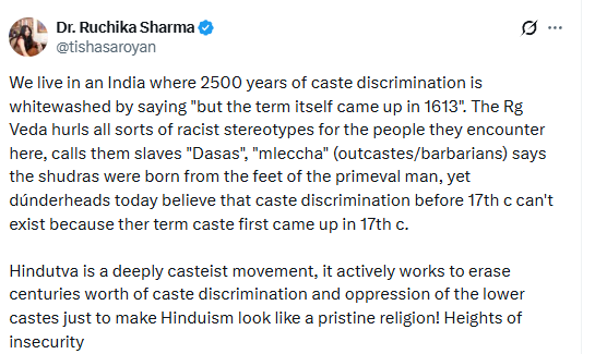 labstamil's tweet photo. Ruchika Sharma may not even know who Suba Veerapandian is, but he's delivered the exact same wordings in a EVR payirchi pattarai class some 40 years ago. 

Amazing consistency in the narrative - exact same misinterpretation of Vedic terminologies, exact same literalification of Purusha Suktha metaphor, exact same "2500 year caste discrimination" phrasing.

Hindus must realize we are not battling isolated individuals. We are up against the same H-hating giant octopus. One of its tentacle will be a Hindi academic, while another will be a Tamil political activist, but they all have been programmed with the same GIGO script. 

Sometimes this octopus will squirt different inks like linguistic pride, soshal justice, eye shadow feminizm, w0keizm etc. to hide itself, but its H-hating scent will always throw its identity away.

Good news is that Octopus is not an apex predator. It stands no chance against a shark. In the absence of shark, even a group of piranhas can unite and win over an octopus. Individually the piranhas stand no chance.