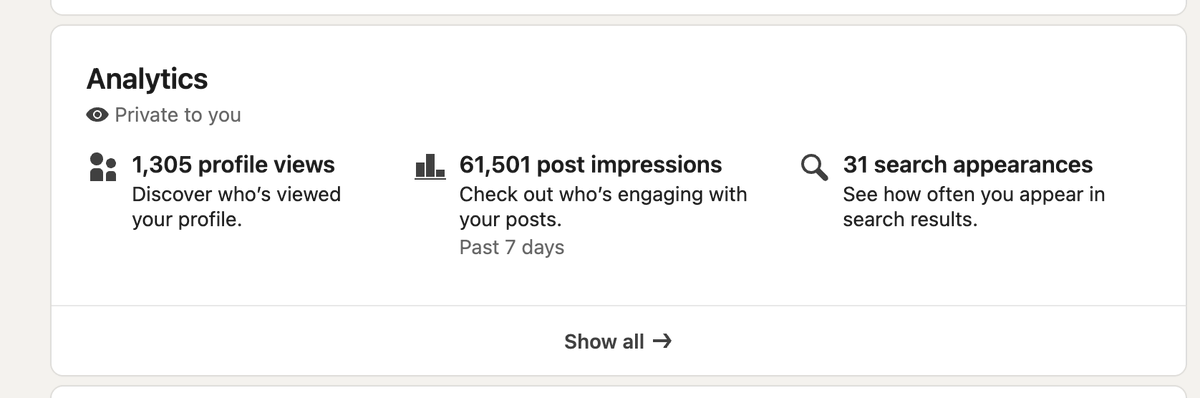 KaranS243914565's tweet photo. I gave https://t.co/ixu8MReVGO 7 days on my LinkedIn.
Results:
๐ 1,305 profile views
๐๏ธ 61,501 post impressions
๐ 31 search appearances
Zero cold outreach. Just smart automation running in the background.
Try it free โ https://t.co/hP5Qve8Vgx
#LinkedInGrowth #ConnectSafely #InboundMarketing #B2BSales