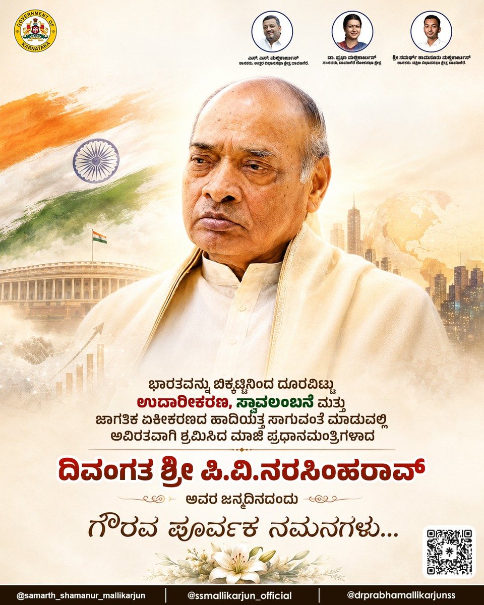DrPrabhaSSM's tweet photo. ಭಾರತವನ್ನು ಬಿಕ್ಕಟ್ಟಿನಿಂದ ದೂರವಿಟ್ಟು ಉದಾರೀಕರಣ, ಸ್ವಾವಲಂಬನೆ ಮತ್ತು ಜಾಗತಿಕ ಏಕೀಕರಣದ ಹಾದಿಯತ್ತ ಸಾಗುವಂತೆ ಮಾಡುವಲ್ಲಿ ಅವಿರತವಾಗಿ ಶ್ರಮಿಸಿದ ಮಾಜಿ ಪ್ರಧಾನಮಂತ್ರಿಗಳಾದ ದಿವಂಗತ ಶ್ರೀ ಪಿ.ವಿ.ನರಸಿಂಹರಾವ್‌ ಅವರ ಜನ್ಮದಿನದಂದು ಗೌರವ ಪೂರ್ವಕ ನಮನಗಳು... https://t.co/TwJWPdJCcA
