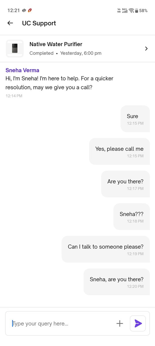 sharan_anshal's tweet photo. @urbancompany_UC hi, I am trying to reach out to the customer care through UC App but seems like your agent is sleeping. Can someone connect with me? https://t.co/Fdz1Y5i5C3