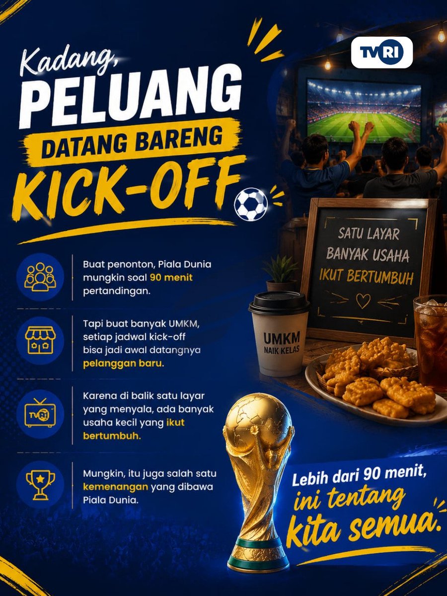 zonaindoupdate's tweet photo. Di satu sisi ada yang bersorak karena gol. Di sisi lain, ada pelaku UMKM yang pulang dengan senyum karena dagangannya habis.
#NontonPildunDiTVRI
#PestaBolaDiTVRI #fyp #umkmnaikkelas  #nobarbola https://t.co/H801KRAmUQ