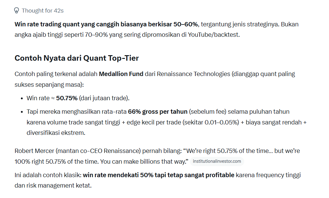 mkbijaksana's tweet photo. Unpopular opinion:

Analisa pake technical analysis classic, gak banyak mikir, udah punya jam terbang: Win rate 45-50%

Trading/investing pake quant canggih top tier: 50.75%
Ini menurut Grok yang paling sukses

Yang satu pake teknologi complicated ini itu segala macem. Yang satu modal tarik garis

Mending pake classic technical analysis. Terutama kalau level masih retail

Tinggal perbaiki risk managementnya