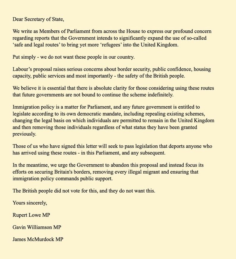 Proudofthisland's tweet photo. 🚨 Only 3 MPs have the guts to stand up.

Rupert Lowe, Gavin Williamson & Jonathan McMurdock just signed the open letter: NO to Labour’s “safe and legal” refugee routes flooding Britain with thousands more. 

YES to deporting anyone who arrives via this madness.

Where the hell are the other 647?!

Hiding behind virtue signals while British streets strain, housing collapses, and taxpayers foot the bill?

This isn’t leadership - it’s betrayal by silence.

Sign it. Fight it. Or get out of the way. 🇬🇧 

@RupertLowe10 @GavinWilliamson @JMcMurdockMP 👏🏻 

#StopTheBoats #DeportNow #MPsWakeUp