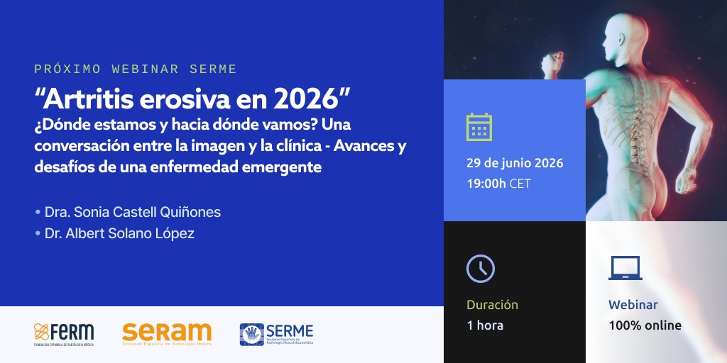 SERAM_RX's tweet photo. ¿Dónde estamos en artritis erosiva de manos en 2026? 👉 El próximo webinar de #FormaciónSERAM y @MskSerme aborda esta entidad clínica

Gratuito y exclusivo para #miembrosSERAM 🔗 https://t.co/MTlcjAGHti https://t.co/lqUJf2vFw1