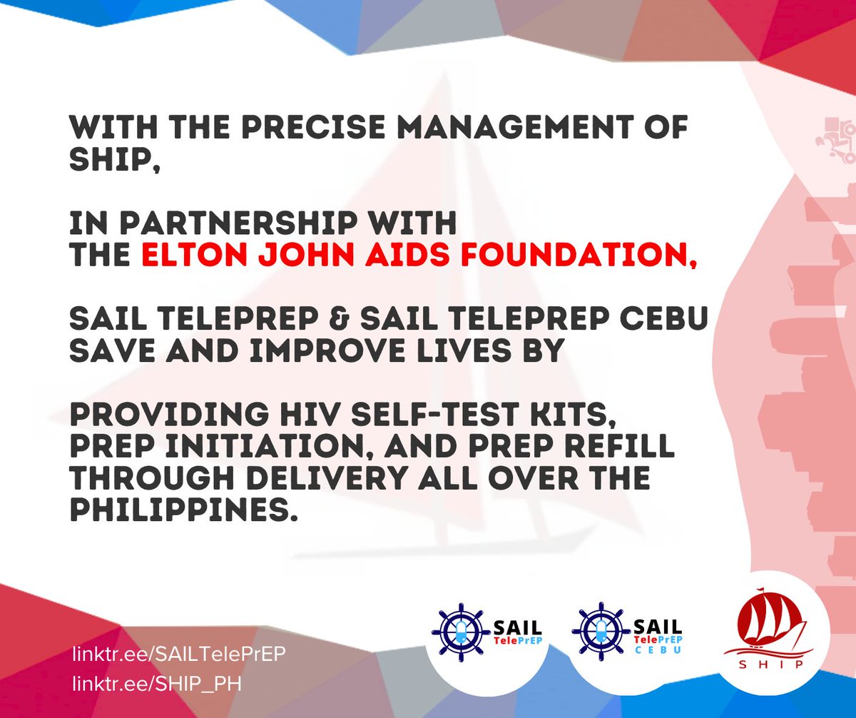 SailClinics's tweet photo. #SAILTelePrEP, #SAILTelePrEPCebu, and #telePrEPph also save and improve lives by providing HIV test kit & #PrEP via delivery, with the management of @SHIP_PH, in partnership with @ejaf!
Know more about TelePrEP on https://t.co/xzkaRsIbUS and https://t.co/AigHaazag0! π¦ https://t.co/QnpQ4lWluy