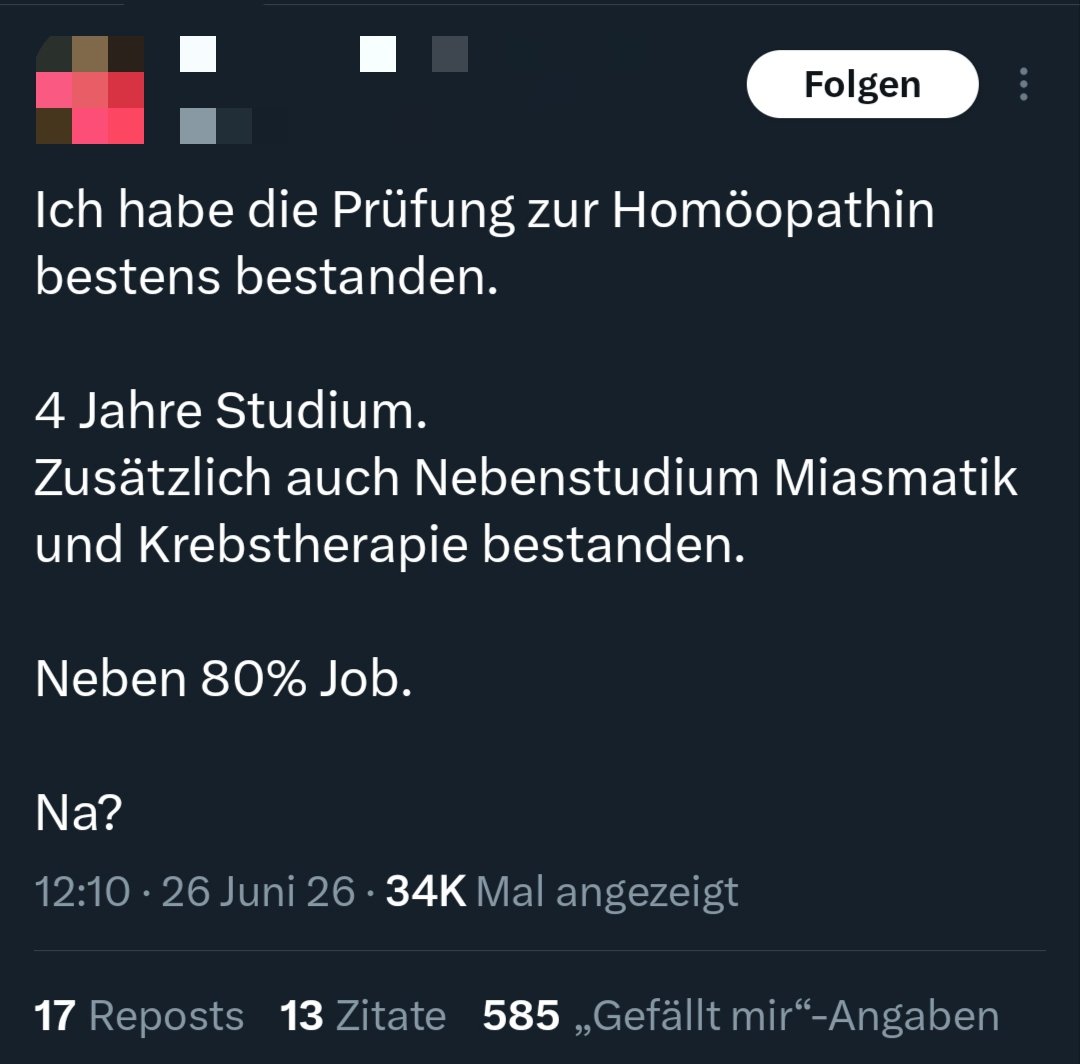 MaximalesD's tweet photo. Habe diesen Post in die Timeline bekommen (Screenshot und Name unkenntlich gemacht weil ich blockiert bin) und nachdem ich mich mit der Materie befasst habe muss ich sagen:

Schockierend...

In dem folgenden Thread gehe ich deshalb auf die Themen Homöopathie und Krebs ein

1/9 https://t.co/c3Gfjq1UL9