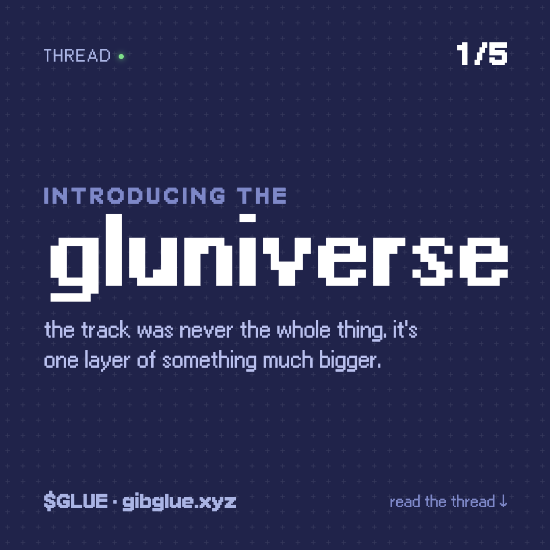 gibglue's tweet photo. gm cowboys,

everything’s moving in the right direction. Even if races might feel like slowing down for some of you, the minting phase officially picked up speed after your suggestions of “just automate it” and “decreased race time”, and we’re now sitting at 50% halfway home and accelerating. 

ut while you were watching the track… we were building the rest of the picture.

Welcome to the motherfucker Gluniverse. 🧵👇
