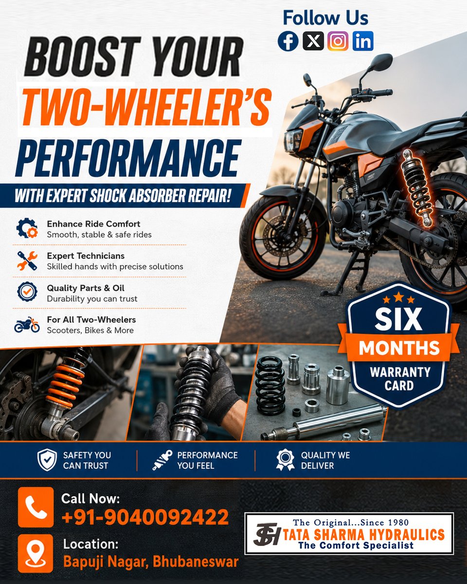 TSHydraulics's tweet photo. Boost your two‑wheeler’s performance with professional shock absorber repair from 𝗧𝗮𝘁𝗮 𝗦𝗵𝗮𝗿𝗺𝗮 𝗛𝘆𝗱𝗿𝗮𝘂𝗹𝗶𝗰𝘀.🏍️

𝗖𝗮𝗹𝗹: 📞+91-9040092422
𝗟𝗼𝗰𝗮𝘁𝗶𝗼𝗻: 📍 Bapuji Nagar, Bhubaneswar

#ShockAbsorberRepair #MotorcycleCare #RideSmooth  #TataSharmaHydraulics https://t.co/gSBX17xQnG