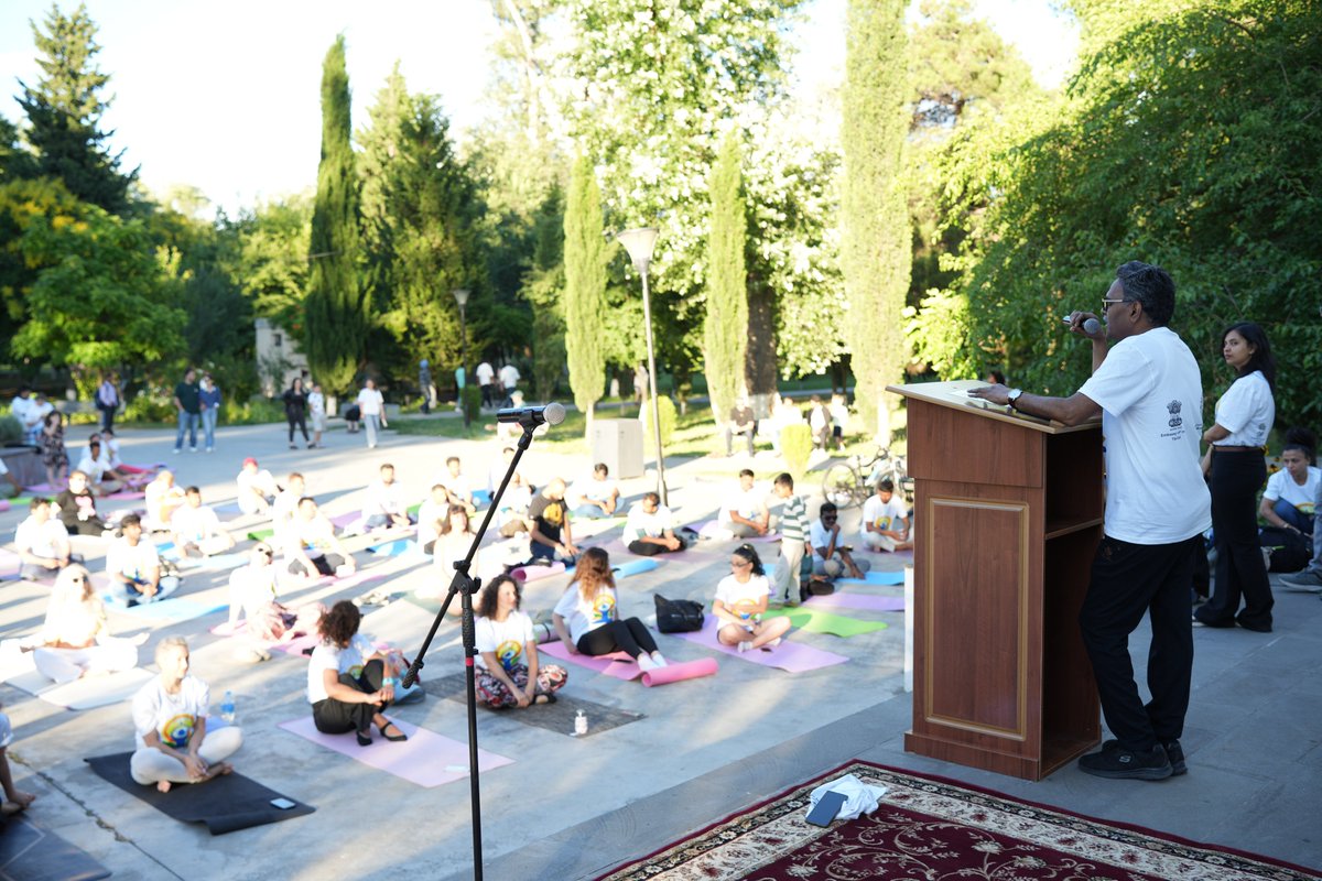 IndEmbGeorgia's tweet photo. 🇮🇳🧘‍♂️ On the occasion of the 12th International Day of Yoga, Embassy of India, Tbilisi organised a mass Yoga session at Rustavi Park on 27 June 2026, under the theme 'Yoga for Healthy Aging'. The event witnessed enthusiastic participation and it included common yoga protocol and meditation sessions.

It was organised in association with NGO Cultural Diversity for Peaceful Future (CDPF), the celebration brought together around 150 yoga enthusiasts, including local residents, yoga practitioners, members of the Indian diaspora, and friends of India.

The event was supported by Rustavi City Hall, Geosteel, Hindustan Silichem, Rasthal Indian Restaurant and Rustavi Azot, reflecting a shared commitment towards promoting health and well-being through yoga.

Addressing the gathering, Charge d'Affaires Mr. Subbu Ramesh encouraged participants to embrace yoga as a lifelong practice for physical, mental and emotional well-being. 

A beautiful celebration of wellness, unity and the enduring friendship between India and Georgia. 🇮🇳🇬🇪

#InternationalDayOfYoga #IDY2026 #YogaForHealthyAgeing #Rustavi #IndiaGeorgia

@PMOIndia 
@MEAIndia 
@mygovindia 
@airnewsalerts 
@MinOfCultureGoI 
@iccr_hq 
@NGOCDPF