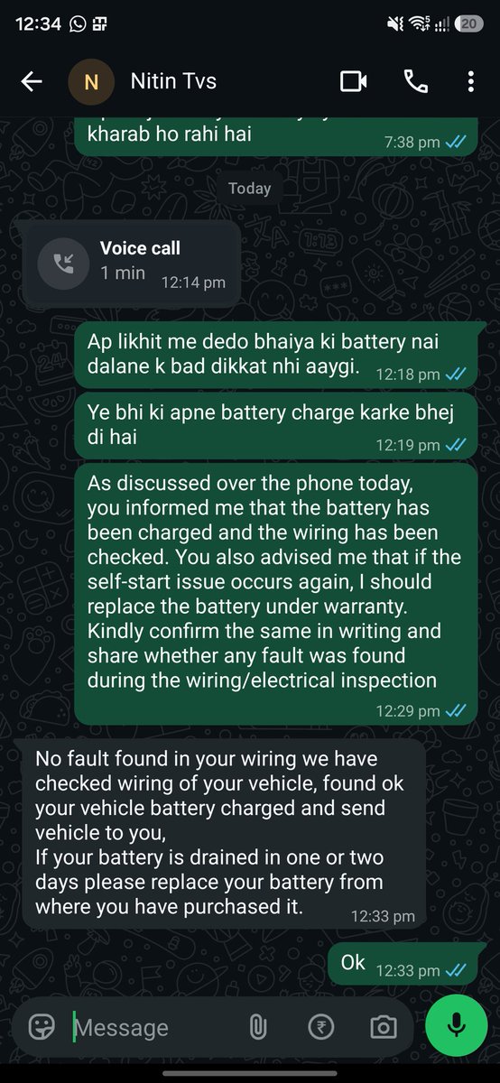 veenitagaur's tweet photo. @TVSMotorCompany I will now observe my scooter for the next 2–3 days. I hope the issue is resolved. If the battery drains again or the self-start fails, I expect a proper root cause analysis and a permanent solution instead of another battery replacement. Case ID: 02367508 https://t.co/JiHis78DRv