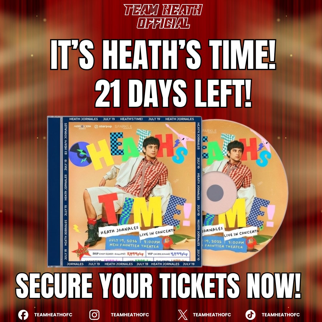 TeamHeathOfc's tweet photo. THREE WEEKS LEFT!❤️🔥

🎶 Only 21 days left until Heath’s Time! 🎶

The countdown is on — in just 21 days, Heath will step into the spotlight for his Album Launch and Concert. 🌟

Each day brings us closer to witnessing his passion, music, and brilliance live on stage.

This is our moment to unite as Moyers, let’s fill the venue with love, cheers, and unwavering support. 

Secure your tickets now and be part of this unforgettable night where Heath shines brighter than ever! 🎤✨

Get your tickets now❤️

🎟️ https://t.co/m9KHWz44my…

𝗛𝗘𝗔𝗧𝗛 𝗝𝗢𝗥𝗡𝗔𝗟𝗘𝗦 𝗟𝗜𝗩𝗘 𝗜𝗡 𝗖𝗢𝗡𝗖𝗘𝗥𝗧
📍 New Frontier Theater
🗓️ July 19, 2026