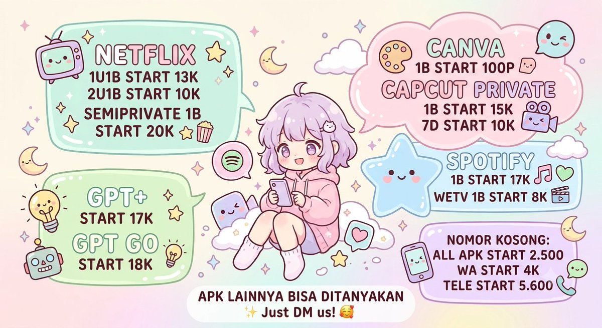 ddascoo's tweet photo. hi, cuties! upgrade your digital life now~ 💖✨
​Butuh apk premium lainnya? Chat aja, feels free to ask! 🐋🤍

​🛒 Order: https://t.co/GCGSkCkux2
​
#zonajajan #NetflixMurah #SpotifyPremium #CanvaMurah #CapCutPro #JualAkunPremium #PremiumApps https://t.co/FW7SnHP0kD