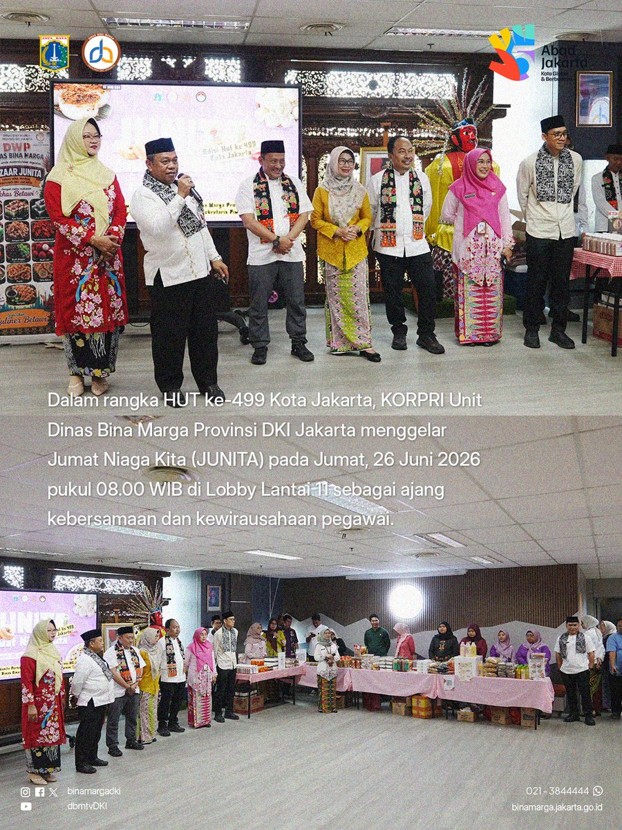 BinaMargaDKI's tweet photo. Halo #SobatDBM👋🏻

Dalam rangka memeriahkan Hari Ulang Tahun ke-499 Kota Jakarta, Dewan Pengurus KORPRI Unit Dinas Bina Marga Provinsi DKI Jakarta kembali menyelenggarakan Jumat Niaga Kita (JUNITA) https://t.co/NacOwJszgs