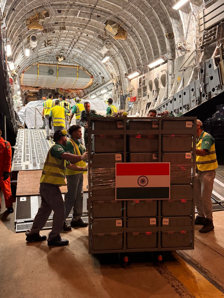 IAF_MCC's tweet photo. #OperationAmistad 

Responding with speed, reach and compassion, two #IndianAirForce C-17 Globemaster III aircraft completed a demanding 23-hour flight to Venezuela, covering an aerial distance of over 14,000 km from Delhi to Caracas.

The aircraft landed at Maiquetía International Airport, Caracas, carrying 66 tonnes of humanitarian aid- including an Indian Army Field Hospital, over 35 tonnes of relief supplies, medicines and medical equipment, and two BHISHM Cubes—demonstrating India's capability to deliver hope across continents whenever called upon.

This transoceanic deployment reaffirms India's growing role as a responsible first responder and a reliable humanitarian partner.

#HADR #HumanitarianAssistance #HarKaamDeshKeNaam

@DefenceMinIndia
@DrSJaishankar
@IndiaVenezuela
@SpokespersonMoD
@HQ_IDS_India
@adgpi
@indiannavy
@CareerinIAF