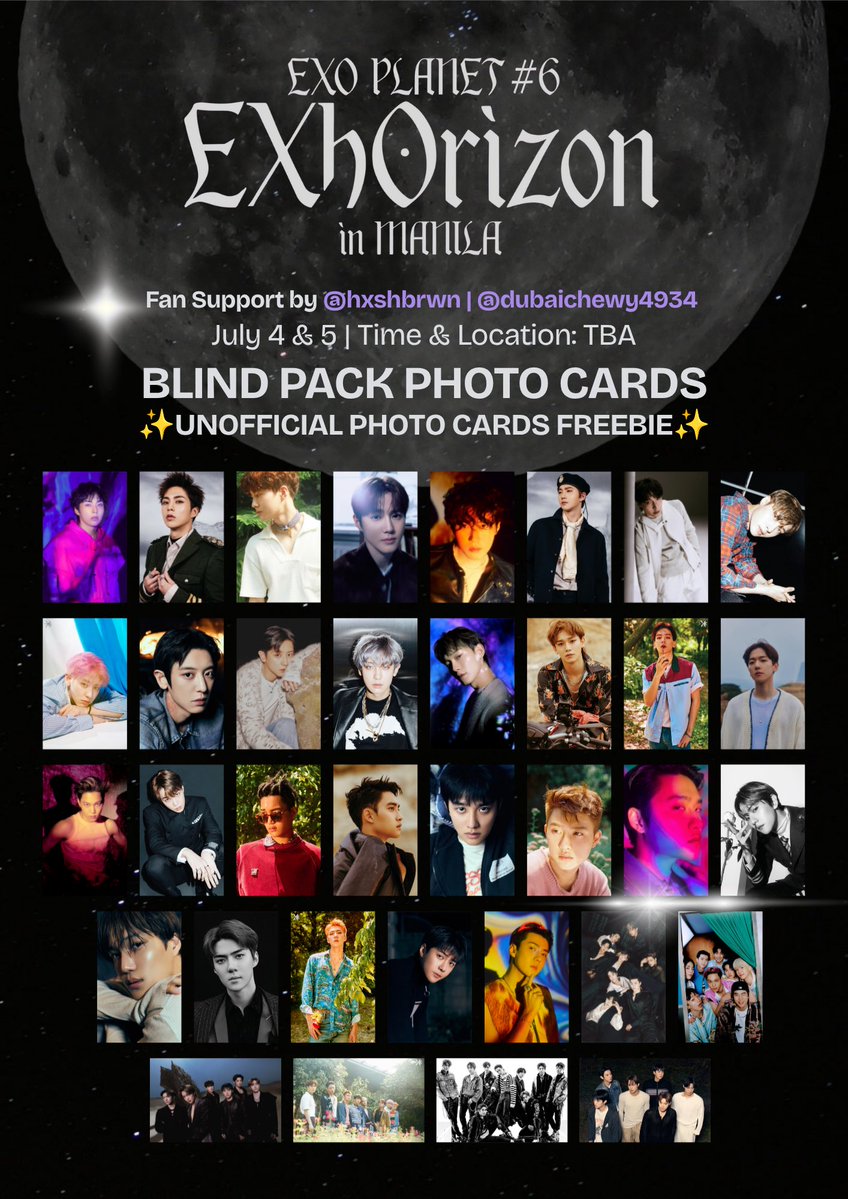 hxshbrwn's tweet photo. EXhOrizon in Manila Day 1 &amp; 2
Fan support freebies by @dubaichewy4934

✨blind pack photo cards OT9
✨random 1:1 non trade, but a chance to get the secret cards!
✨for trade dm your bias ✅ choice ❌ sleeve, ran out
✨like, rt, &amp; follow

#EXhOrizon_in_Manila #EXhOrizon #EXO https://t.co/RrV5Zv7LxE