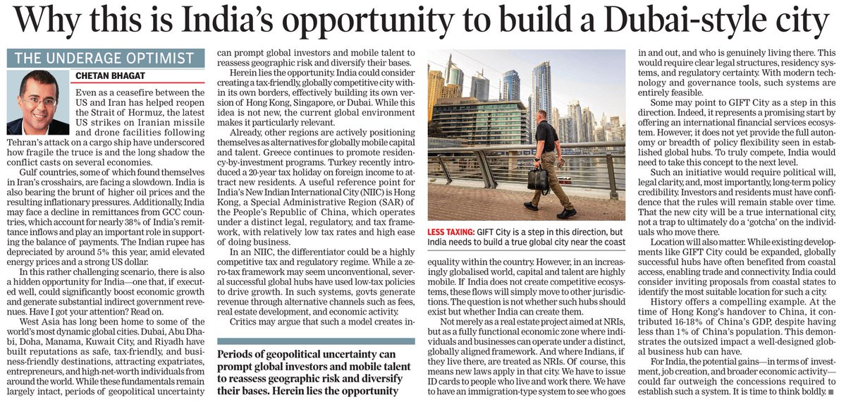 chetan_bhagat's tweet photo. Hi all, 

'Why this is India’s opportunity to build a Dubai-style city', my column in TOI today.

Do read and share!
https://t.co/v2wXFGB2M6 https://t.co/eOoMMG4RtA