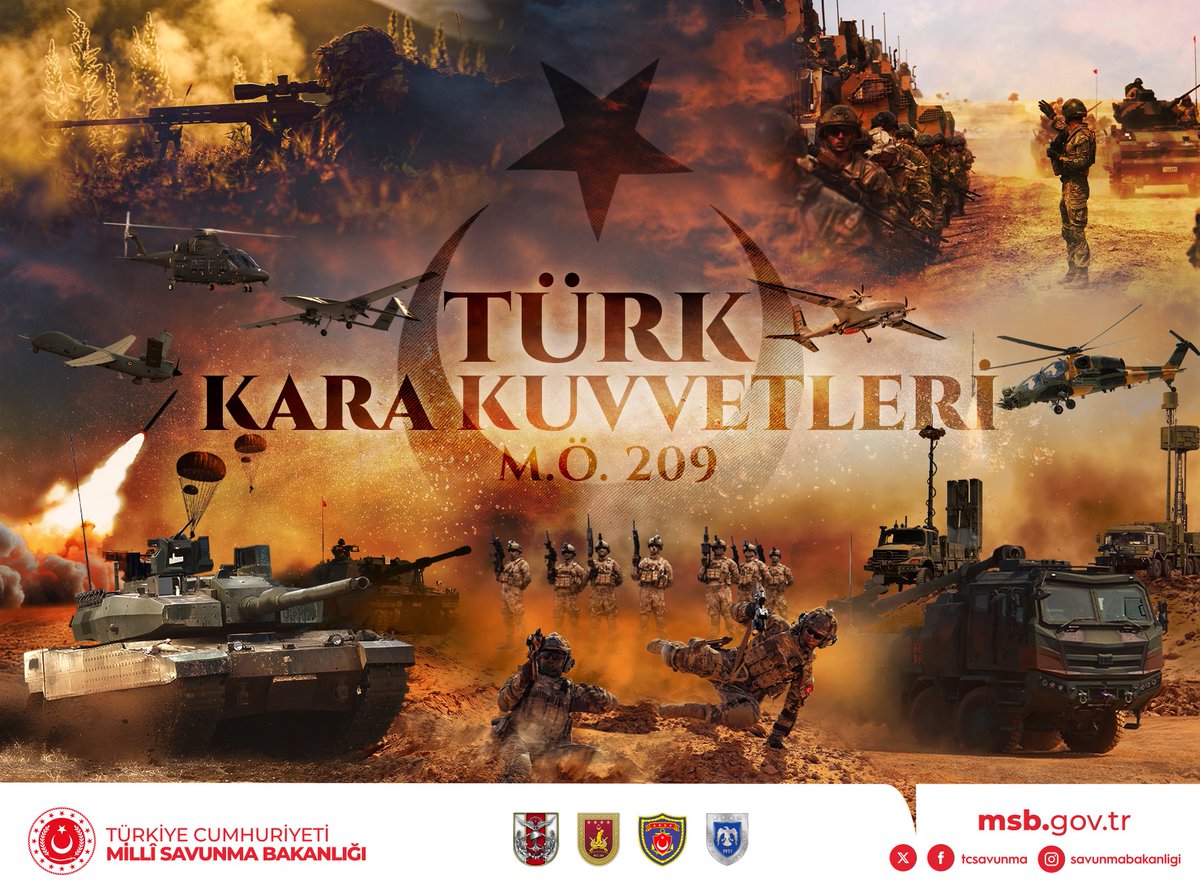 tcsavunma's tweet photo. 🇹🇷 Türk Kara Kuvvetlerinin 2235'inci kuruluş yıl dönümü kutlu olsun!

Mete Han’dan Sultan Alparslan’a, Fatih Sultan Mehmet’ten Gazi Mustafa Kemal Atatürk’e ve günümüze uzanan şanlı askerî mirasımız, milletimizin gurur kaynağı olmaya devam ediyor.

Vatan uğruna fedakârca görev yapan tüm kahramanlarımızı saygı ve minnetle anıyor; şehitlerimize rahmet, gazilerimize sağlık ve esenlik diliyoruz.

Türk Kara Kuvvetlerinin 2235'inci kuruluş yıl dönümü kutlu olsun!

#MillîSavunmaBakanlığı
#TürkKaraKuvvetleri2235Yaşında
#2235YıllıkMiras 🇹🇷