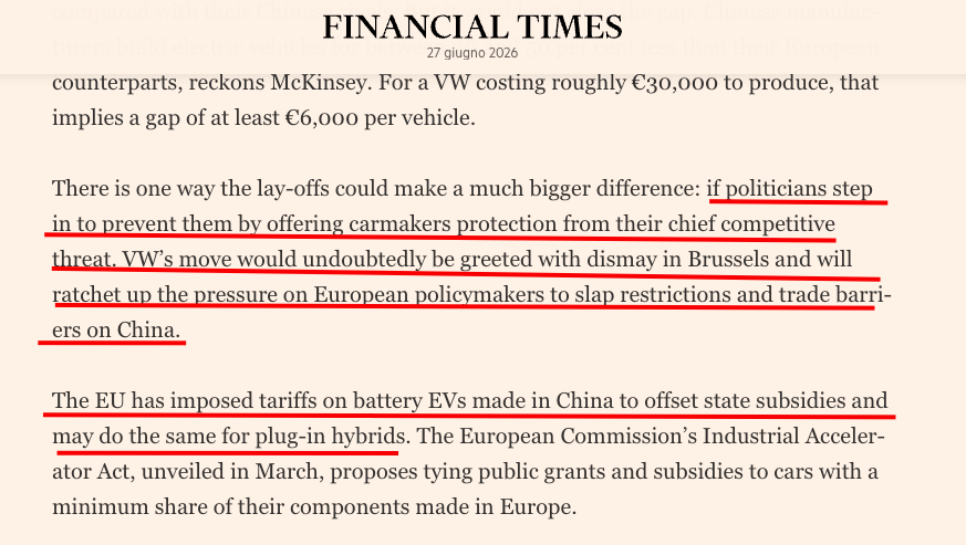 durezzadelviver's tweet photo. Commento disinformato del FT, perché in realtà:
1) I dazi Ue sull'auto cinese sono aggirabili con accordi di prezzi minimi, come VW ha già fatto con la  Cupra Tavascan prodotta in Cina, con "soddisfazione" di Bruxelles.
2) La Germania NON vuole i dazi sulle auto cinesi e negli attuali negoziati a Bruxelles sta cercando di tenere bassa la percentuale di "made in Europe".