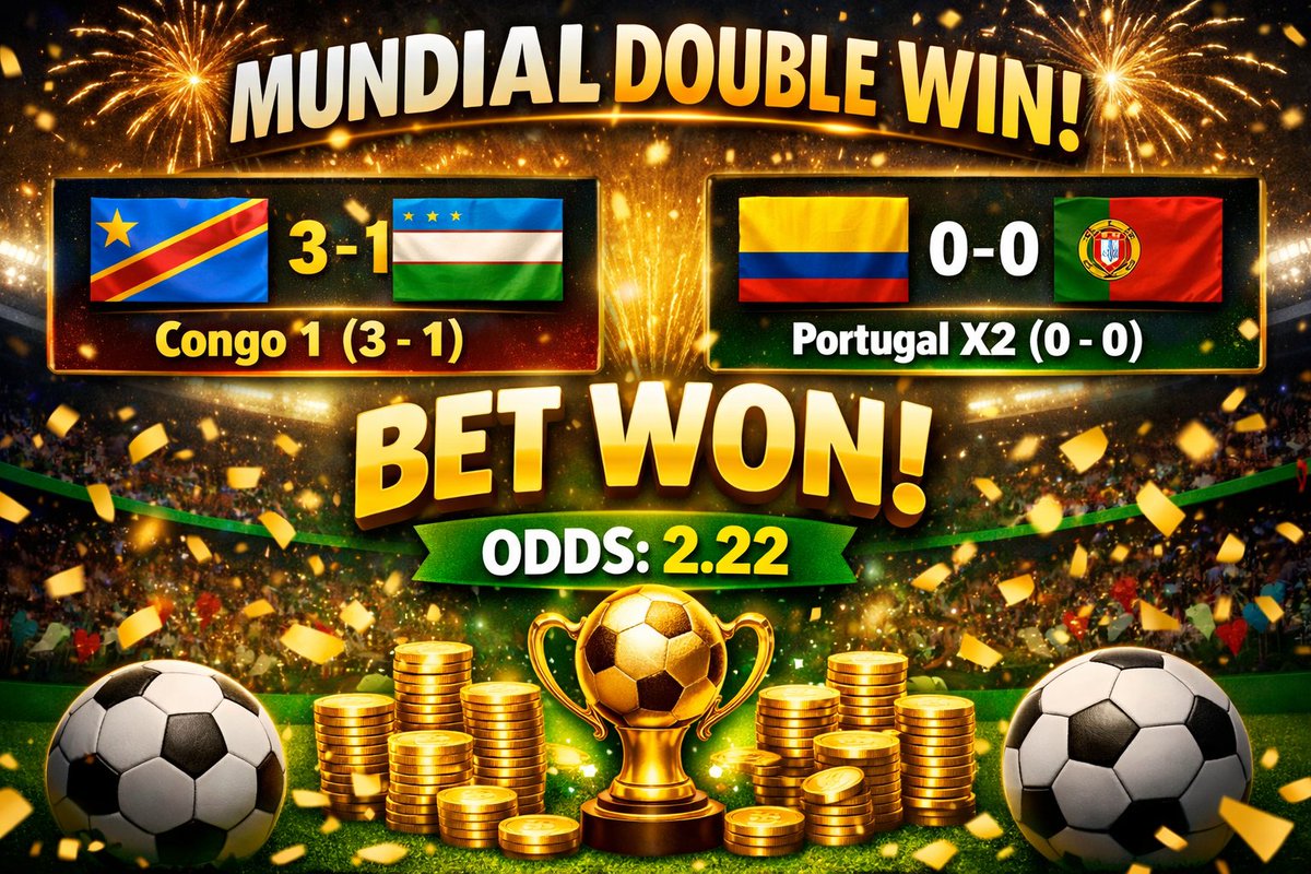 lefterisbettips's tweet photo. ✅ World Cup Double Won 🌍🎯

DR Congo vs Uzbekistan
Pick: Congo 1 ✅ (3-1)

Colombia vs Portugal
Pick: Portugal X2 ✅ (0-0)

💰 Odds: 2.22
Another one landed 🍀🎯 https://t.co/HINIFUZDVi