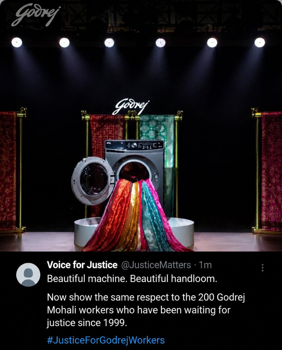 GodhanSinghNegi's tweet photo. @GodrejAppliance You are talking about "revival of Indian handlooms" when you will talk about revival of Justice to the 200 workers of your mohali plant❓ they are waiting for justice since 1999!
#JusticeForGodrejWorkers 
#Godrej 
@BangaloreTimes1 
@LakmeFashionWk @fashionpressnet @timesofindia https://t.co/HH7XUScGDs