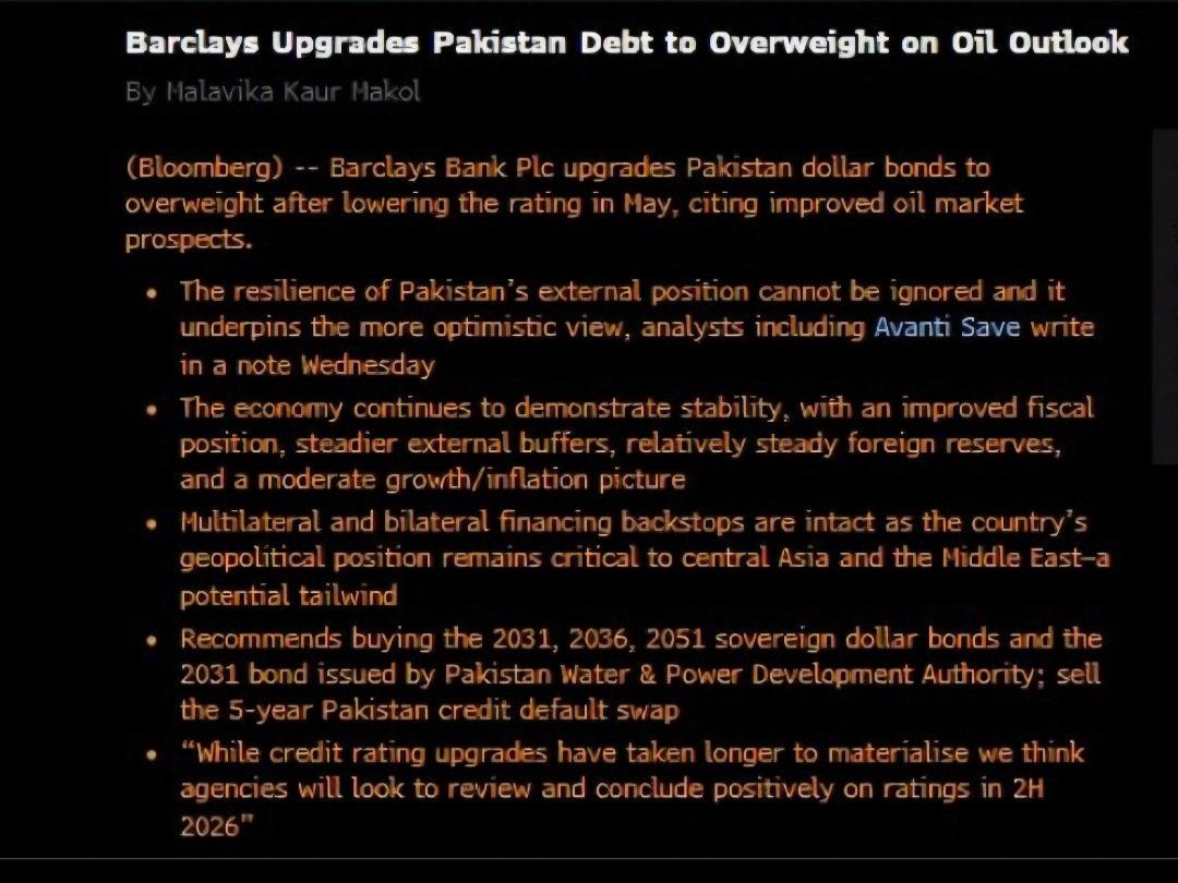 AAHSoomro's tweet photo. Barclays Upgrades Pakistan’s Debt Outlook - What's Next?

Global research analysts have given their first endorsement to Pakistan’s economic management after US Iran peace MoU. They recommend global investors to buy Pakistani government debt (bonds) as returns are juicy.

In simple words, analysts now believe that government is on path of sustainable debt management as a result of a few years of strict fiscal management in terms of curtailing overall expenses, maintaining primary surplus deficit and efforts to reduce PKR and USD loans. 

This enables the government to borrow at even cheaper rates. If a lot investors are willing to lend to government at 12-13%, now with global recommendation and recognition of policies, the debt costs can reduce further to 10-11% saving hundreds of millions of dollar in annual costs. 

This is not the end goal. Interest savings should be diverted toward long term strengthening infrastructure projects such as Dams, Railways and Motorways along with Health, IT, Education and Social security. No need to overspend the brownie points. 

All efforts should remain to widen tax net, increase value added exports and facilitate the private sector led 5% economic growth target. Pakistan’s Stock Market should take comfort in Barclays upgrade.