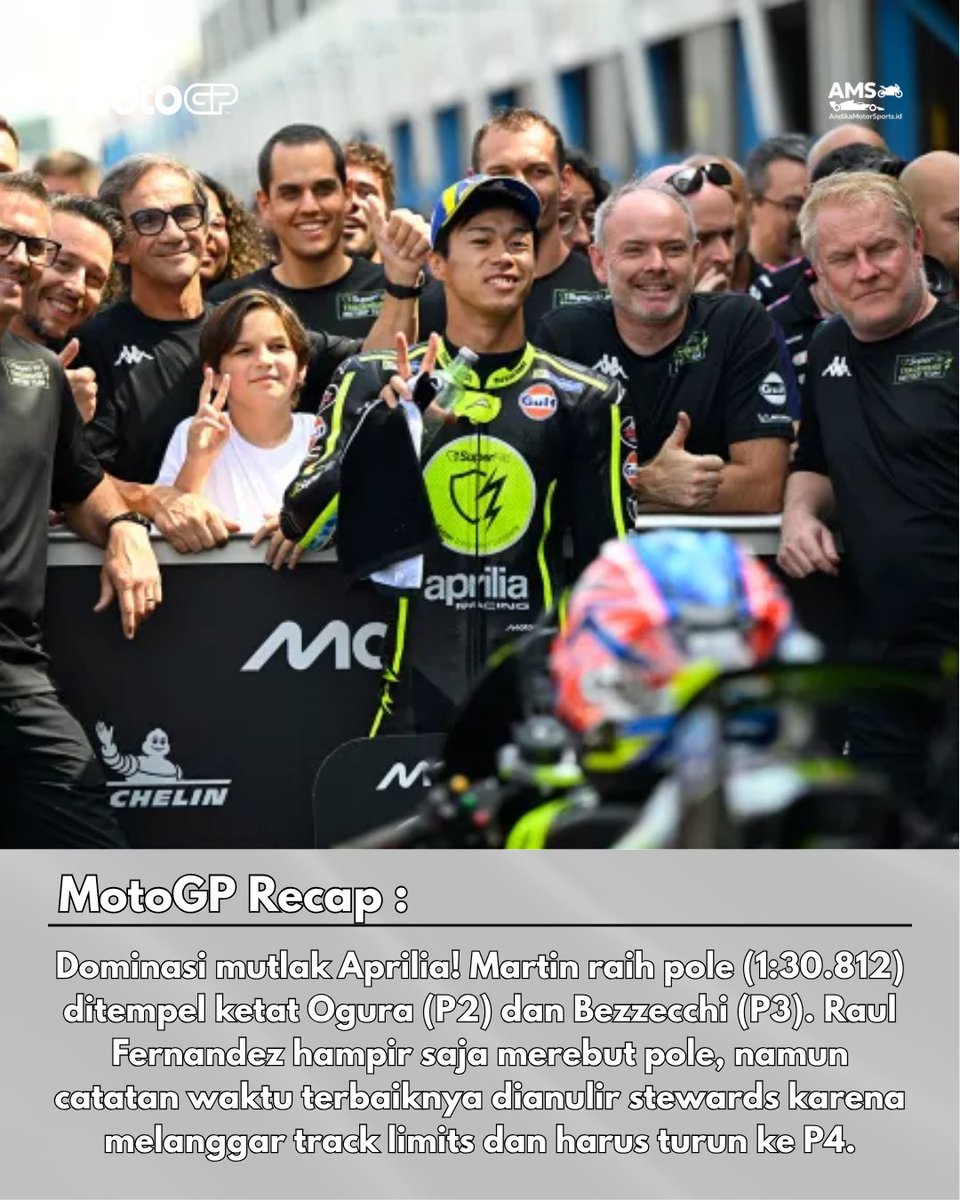 AndikaMS_id's tweet photo. QUALIFYING MOTOGP DUTCH GP RECAP :

Aprilia kuasai start 4 besar kualifikasi MotoGP Belanda! Jorge Martin raih pole disusul Ogura, Bezzecchi, &amp; Raul. Quartararo &amp; Mir lolos Q1, sementara Marc tertahan di P7 akibat kena track limits!

#MotoGP #MotoGP2026 #DutchGP #Qualifying #AMS https://t.co/8MAwt7wLcf