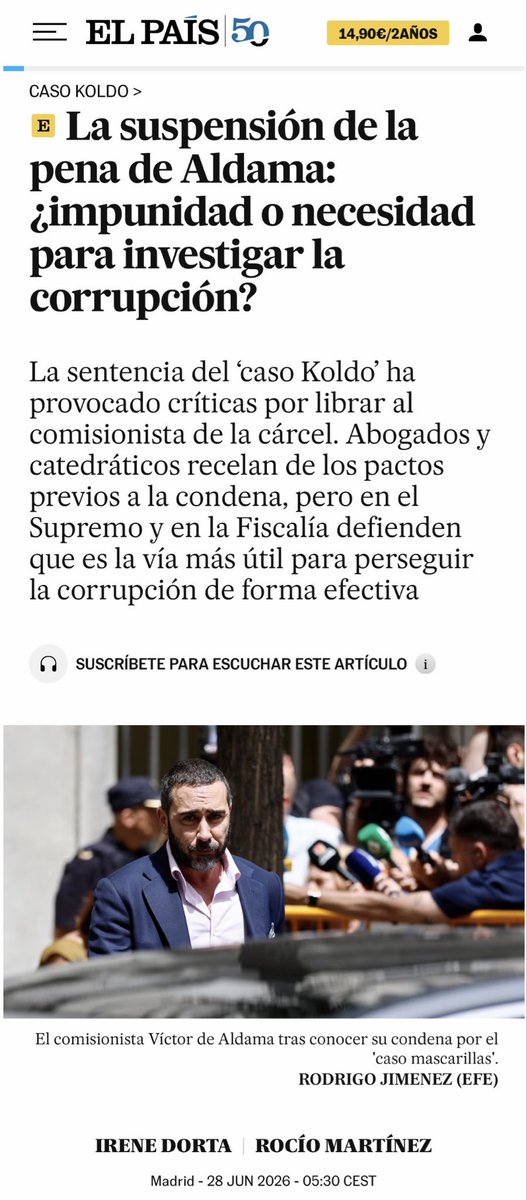InigovanEyck's tweet photo. Nos deleita hoy El País con esta noticia, aún estando la atenuante por confesión perfectamente argumentada en la sentencia.

Entre los críticos, no aparece Martín Pañal, que está criogenizado en el plató de Xavier Fortes, hasta que lo vuelva a necesitar, pero pasemos a ver los perfiles:

Chema de Pablo, abogado monclovita de la asesora de Begoña.

Enrique Gimbernat, en la órbita del PSOE desde Peces Barba.

Un catedrático de derecho penal (anónimo). Probablemente Manuel Cancio Meliá, defendió la amnistía en el Senado a propuesta de ERC.

Un fiscal que trabajó en Anticorrupción (anónimo), habla de “zona gris”. Cualquiera del entorno de Peramato.

Abogado penalista Diego Cabezuela,  dice que no conoce una “rebaja similar”. En el mismo artículo, aparecen otras similares.
