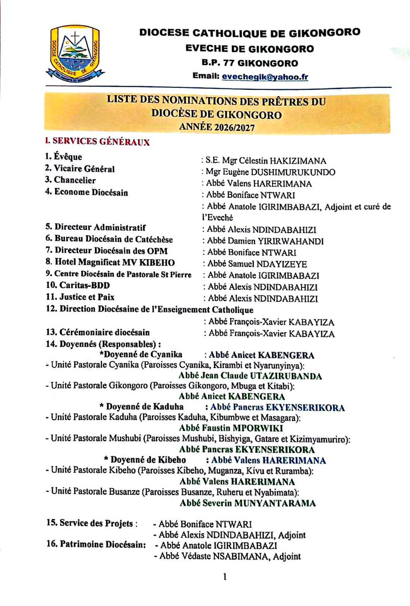 DiocesGikongoro's tweet photo. Liste des nomination de prêtre du Diocèse de Gikongoro Année: 2026/2027 @DOCICO_CEPR @Kinyamateka_KM @kibehosanctuary @KambandaAntoine @RwandaMaria @kibehoradiomari Page1/2 https://t.co/PblEoQz6oQ