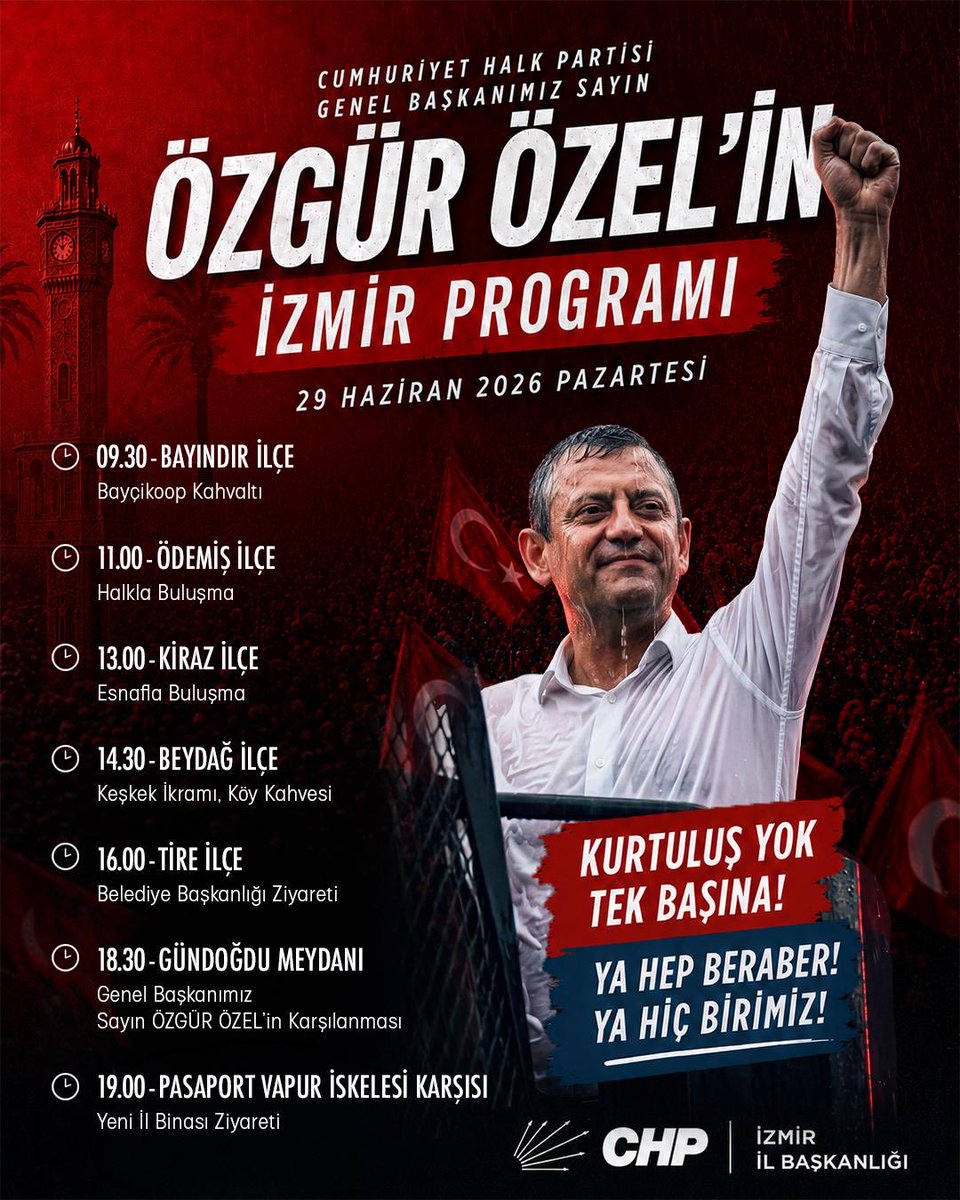 MTanal's tweet photo. İzmir ayağa kalktı, 
değişime inanan milyonlar omuz omuza.

Genel Başkanımız Sayın Özgür Özel ile birlikte Bayındır, Ödemiş, Kiraz, Beydağ ve Tire’de hemşehrilerimizle buluşuyor, günün sonunda Gündoğdu Meydanı’nda demokrasiye, adalete ve dayanışmaya hep birlikte ses veriyoruz.

Birlikte güçlüyüz, birlikte başaracağız.

Çünkü kurtuluş yok tek başına; ya hep beraber, ya hiçbirimiz.