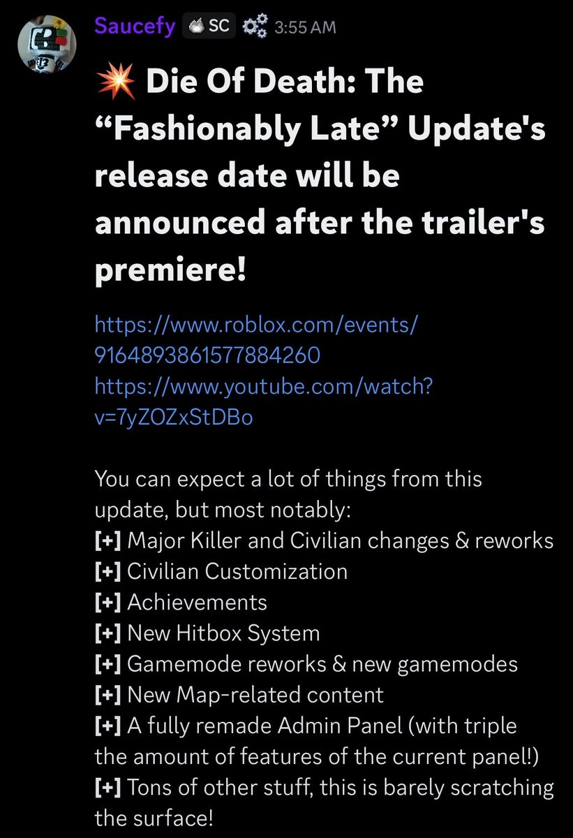 DieOfDeathInfo's tweet photo. !! INSANE NEWS !!

THE UPDATE IS ALMOST HERE

A trailer will premiere in 12 hours, showcasing content in the update.

After the premiere, the RELEASE DATE will be finally revealed!!

More info in the replies.
#dod
#dieofdeath
#dieofdeathroblox https://t.co/DJwVnGEyuR