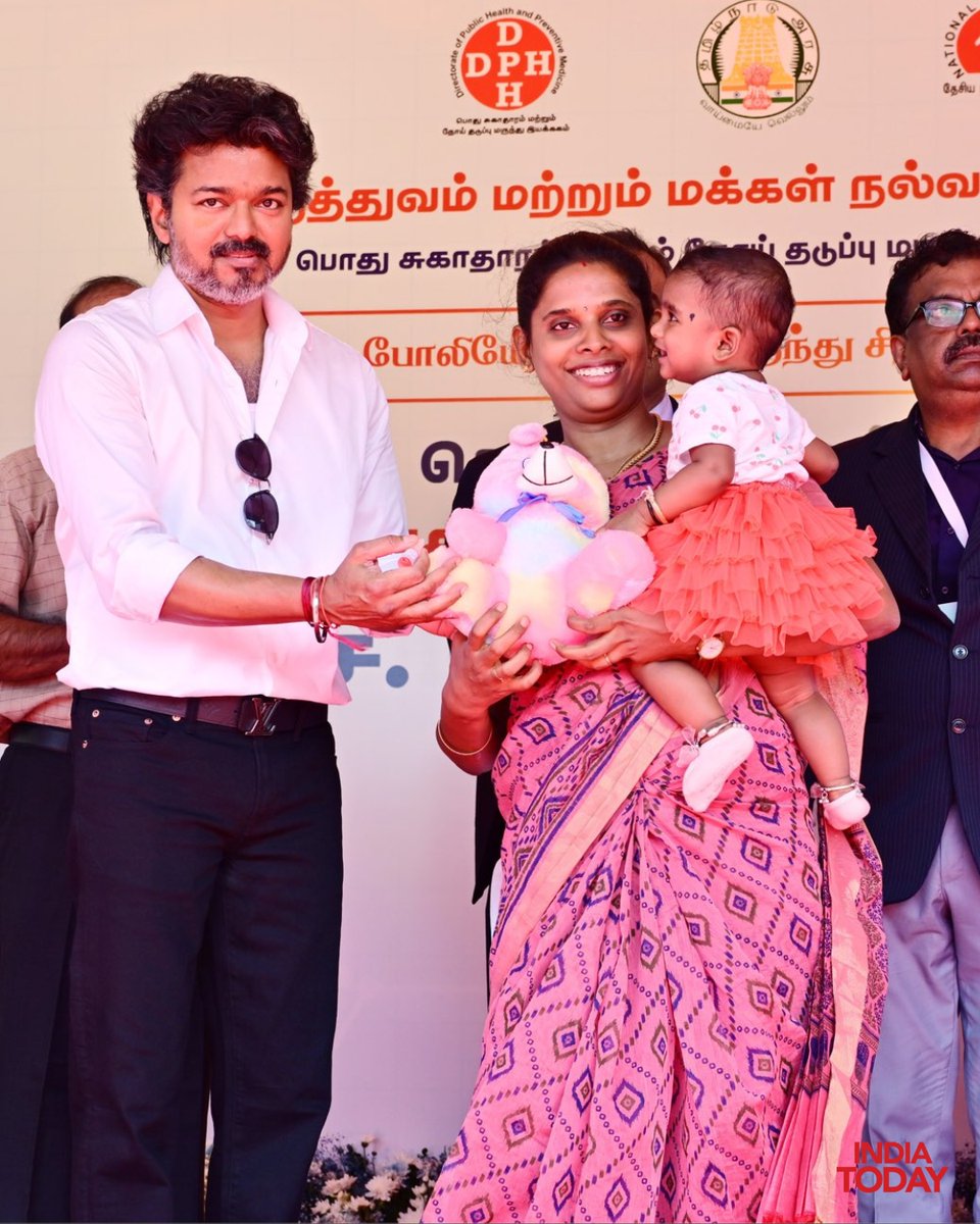 IndiaToday's tweet photo. #InPics | Vijay, Chief Minister of Tamil Nadu, administered oral polio vaccine drops to a child during the Pulse Polio Programme at Palavakkam Government School in Chennai.

The Pulse Polio drive aims to protect children against polio through nationwide immunisation efforts.

#PulsePolio #Vijay #TamilNadu #Chennai #PolioImmunisation #PublicHealth #ITPhotoblog #IndiaTodaySocial