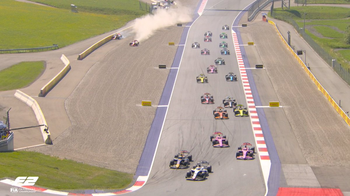 Formula2's tweet photo. LIGHTS OUT FOR THE FEATURE ⚫️⚫️⚫️⚫️⚫️

Noel Leon gets a great start from pole while Nikola Tsolov and Gabriele Mini get the jump on Alex Dunne to move into P2 and P3, respectively 👊

On the run into Turn 3, Tsolov makes a dive up the inside of his Campos team mate to take the race lead, while Sebastian Montoya and Rafael Villagomes come to blows 💥

🟡 SAFETY CAR 🟡

#F2 #AustrianGP