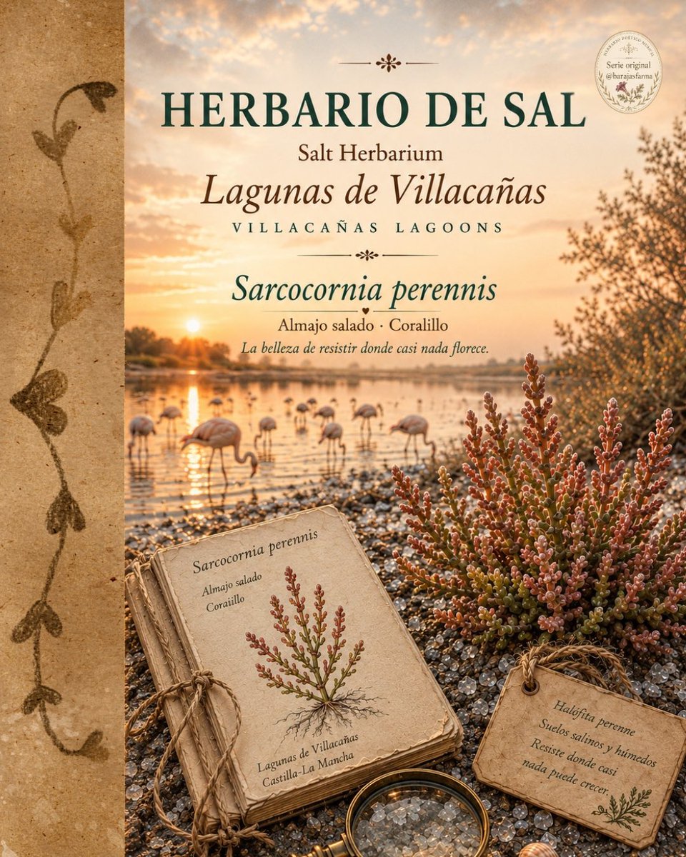 BarajaspcM's tweet photo. Sarcocornia perennis  - el almajo salado de las Lagunas de Villacañas - lleva siglos creciendo donde la sal y el sol lo ponen todo a prueba.
8 slides. Ciencia, poesía y un haiku de barro y luz. 🌿
#HerbarioDeSal #BotánicaFarmacéutica

https://t.co/qNNkkvOzJP https://t.co/BG2tnZnc4S