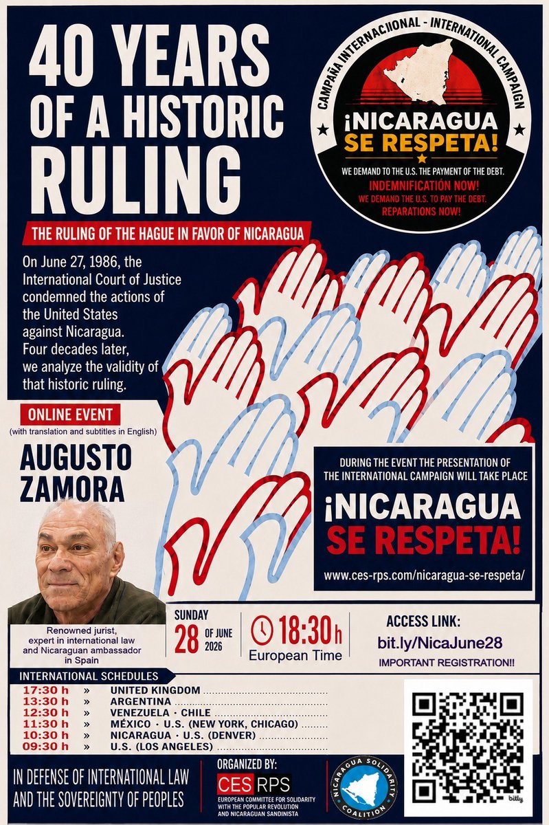 ue_rps's tweet photo. @SolidarityNica y @ue_rps
Te invitan a ponencia online con #AugustoZamora, abogado-Nicaragua ante CIJ de La Haya, para analizar histórico fallo contra EEUU y su vigencia actual 🗓️ 28/6/2026 📷 18:30h(Europa)
Inscripción: https://t.co/zJzPNjA1Na https://t.co/gV3gcUZYQL