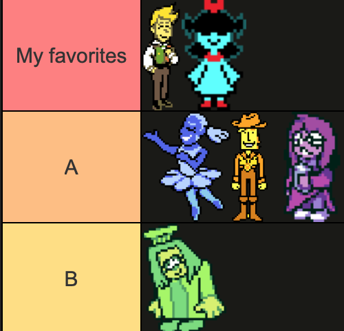 calamitymari's tweet photo. deltarune ch5 tier list
flowery genuinely went from a c tier to an S tier how did he do that https://t.co/akWPf0dmzz