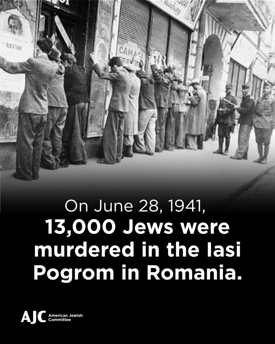 AJCGlobal's tweet photo. On this day in 1941, Romanian dictator Ion Antonescu ordered that Romania's second-largest city be cleansed of all Jews. 

The Iași pogrom was one of the most violent massacres in Jewish history. 

Over 13,000 Jews—one-third of the city's Jewish population—were murdered. https://t.co/fGbSaNPlVj