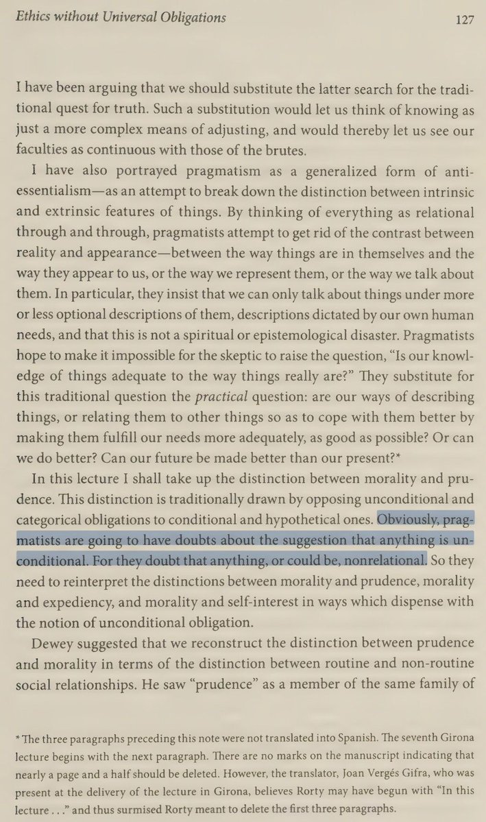 RortyQuotes's tweet photo. Pragmatists are going to have doubts about the suggestion that anything is unconditional. For they doubt that anything is, or could be, nonrelational.
PasAA p.127
#Pragmatism
#Rorty
#Panrelationalism https://t.co/FgdU4B4Cyg
