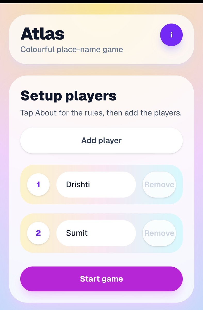 TweetSumitC's tweet photo. Got my first app in Play Store: https://t.co/wlrZjw3Djl

A month back, my daughter and I were playing "Atlas" a place name game during a trip. But we'd end up cheating on previously called places, hence the app 😀

Do give it a spin! 
--
PS: Apple users try the web app. And big thanks to all the friends who helped in alpha testing.