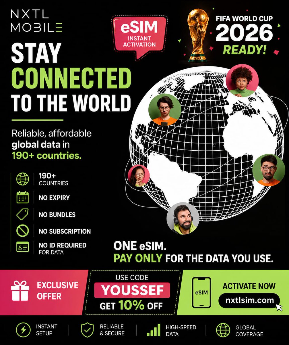 alaybeyik's tweet photo. 🌎 Stay connected worldwide with #NXTLMobile eSIM!

✅ 190+ countries ✅ No expiry ✅ No subscription ✅ Pay only for what you use ✅ No ID required

🎁 Use code YOUSSEF for 10% OFF

🔗 https://t.co/MhKU7xO0dh

#eSIM #TravelTech #WorldCup2026 #DigitalNomad https://t.co/bXf3qgE9mX